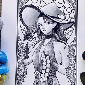 Art Nouveau Witch Print: Botanical Tarot Illustration, Gothic Wall Art