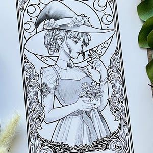 Art Nouveau Witch Print: Botanical Tarot Illustration, Gothic Wall Art