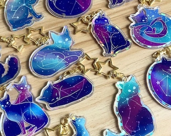 Zodiac Cats Acrylic Charm: Holographic Astrology Keychain