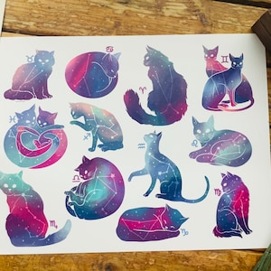 Constellation Zodiac Cats 8.5 x11” Print | Digital Illustration | Watercolor, galaxy, cute, astrology, astronomy, witch, aesthetic, lofi,