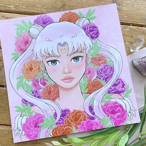 Moon Princess Duo / Illustrazione di stampa artistica digitale 8x8 / anime, manga, chibi, usagi, chibiusa, peonie, rose, ritratto, serenità, principessa