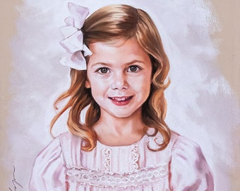 Custom Pastel Portrait, from photography. Soft Pastel portrait of a girl, Half body portrait painting