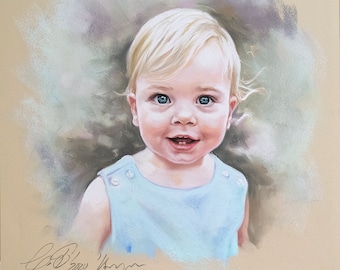 Custom Pastel Portrait Painting of a baby boy from photography. Head and shoulders portrait Size 19'x 19 inches