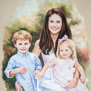 Family portrait commission of a mother with her son and daughter , Big size original pastel portrait painting , 29 x 43 Inches. image 1
