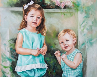 Large size handmade pastel portrait. (29x43inches) Portrait painting of a nice boy and girl, brother and sister together.