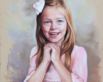 May include: A young girl with long blonde hair wearing a pink dress with white lace trim and a white bow in her hair. She is smiling and has her hands clasped in front of her.