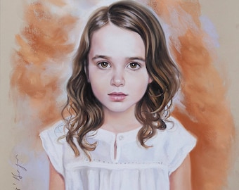 Long head and shoulders pastel portrait of a girl