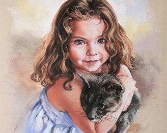 Custom pastel portrait, portrait painting of a girl with her cat, children portraits