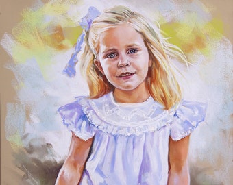 Pastel portraits painting. 3/4 Pastel portrait of a girl. Large handmade Pastel portraits