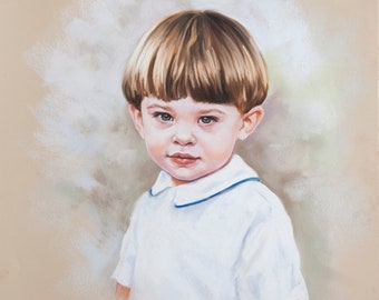May include: A pastel portrait of a young child with light brown hair and blue eyes. The child is wearing a white shirt with a blue trim collar. The background is a soft, neutral color.