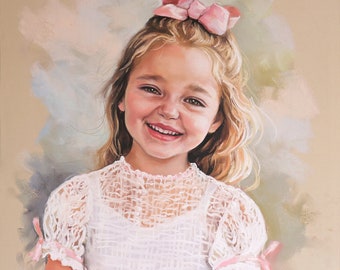 May include: A portrait painting of a young girl with blonde hair wearing a white lace dress with a pink bow in her hair. She is smiling and looking at the viewer.