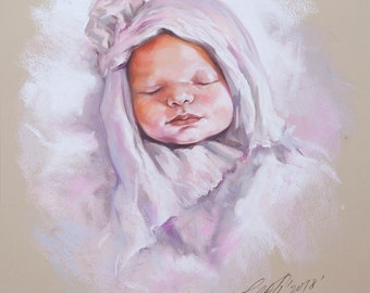 Pastel portrait of a sweet little baby girl sleeping, Handmade portrait.