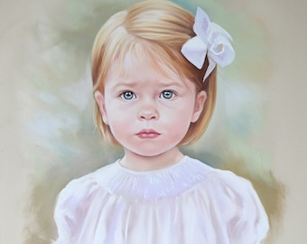 May include: A portrait painting of a young girl with blonde hair wearing a white dress and a white bow in her hair. The girl has blue eyes and is looking directly at the viewer.