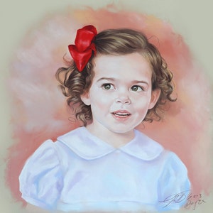 May include: A portrait painting of a young girl with curly brown hair wearing a white dress with a red bow in her hair. The background is a soft pink.