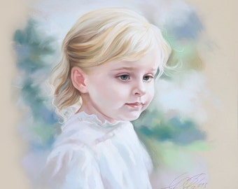 Portrait painting of a young girl, Child portrait, Custom Pastel Portrait from photography. Children portraits.