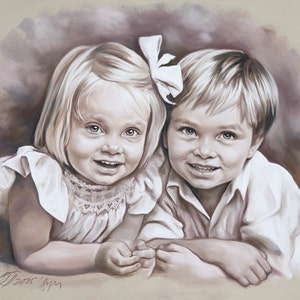 Monochrome double pastel portrait, Children Pastel Portrait