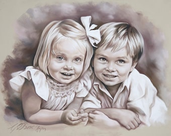 Monochromes Double Pastell Portrait, Kinder Pastell Portrait