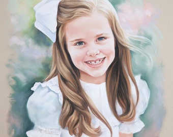 May include: A pastel portrait of a young girl with long blonde hair wearing a white dress with lace trim and a large white bow in her hair. The background is a soft green and pink.