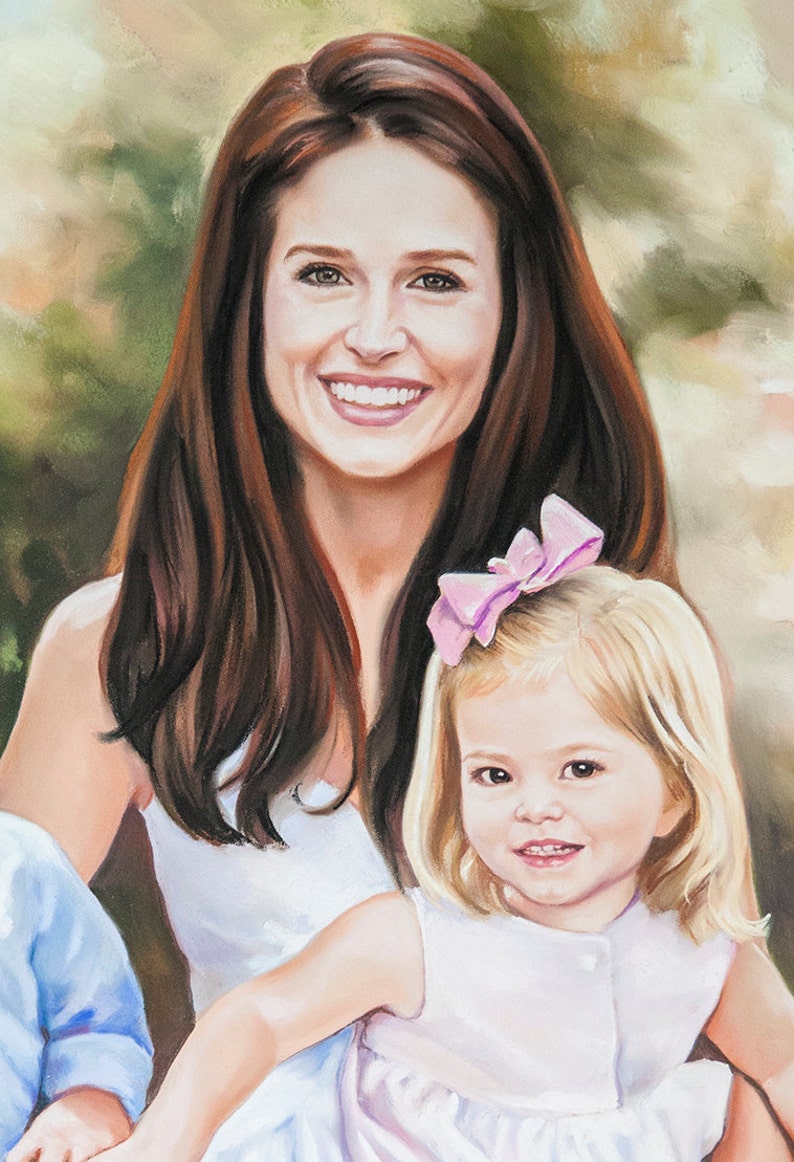 Family portrait commission of a mother with her son and daughter , Big size original pastel portrait painting , 29 x 43 Inches. image 4
