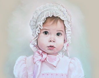 Pastel portrait of a little baby girl, with old fashion french bonnet