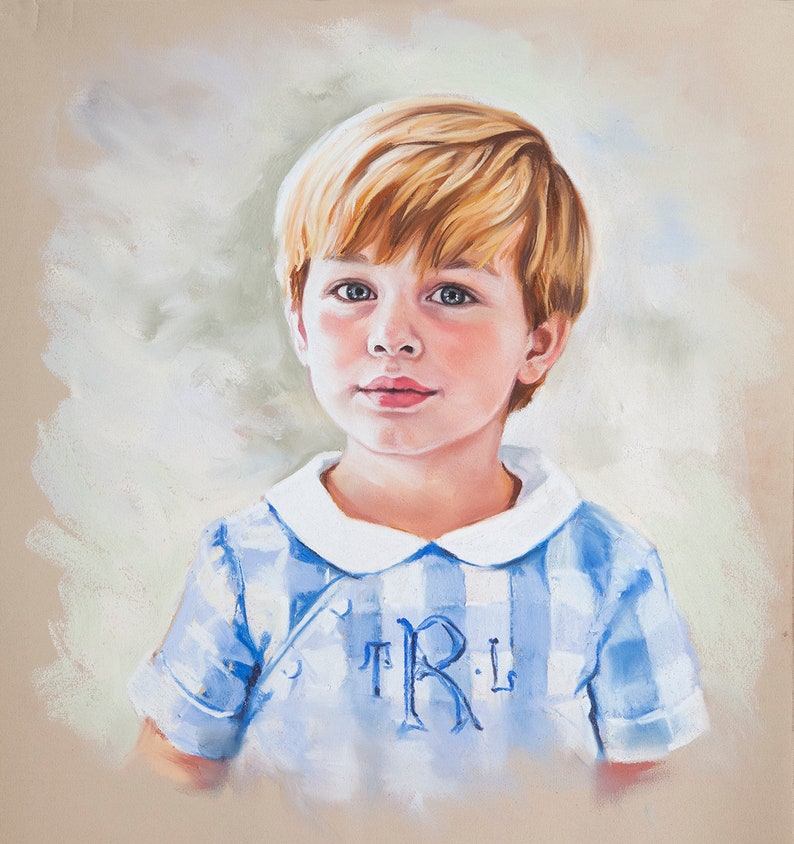 May include: A portrait painting of a young boy with blond hair wearing a blue and white checked shirt with a white collar and a monogrammed "T.R.L." on the front.