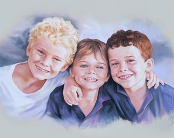 Pastel portrait of 3 brothers, handmade drawing portraits