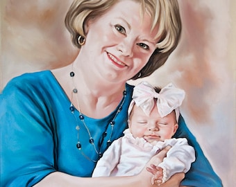 Custom pastel portrait of a grandmother with her new born baby girl