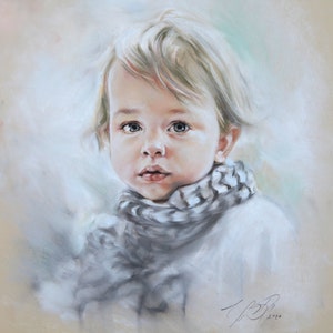 May include: A pastel portrait of a young child with blonde hair wearing a gray and white scarf. The child is looking directly at the viewer with a serious expression.