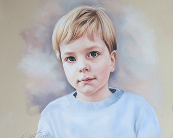 Original  pastel portrait painting of a boy in blue color pallete