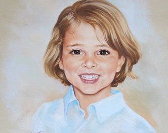 May include: A pastel portrait of a young person with blonde hair wearing a light blue collared shirt. The person is smiling and has a friendly expression.