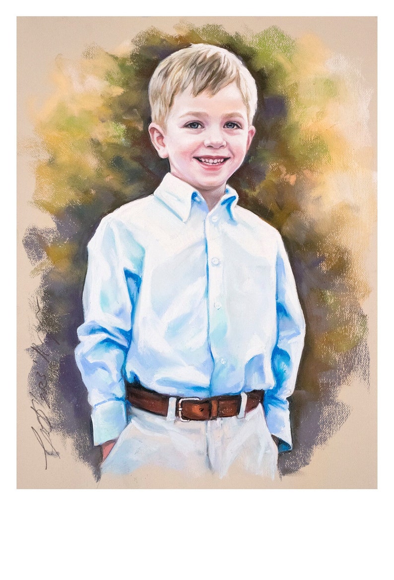 Handmade pastel portrait. Portrait painting of a young boy. A 3/4-figure Pastel portrait in 19x25 inches size. image 2