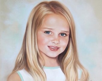 May include: A portrait painting of a young girl with long blonde hair. She is wearing a white shirt with a light blue trim. The painting is done in pastel colors and has a soft, dreamy feel.