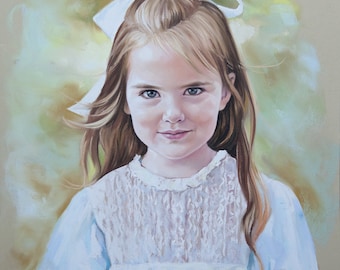 May include: A pastel portrait of a young girl with long blonde hair wearing a white lace dress with a blue bodice and a white bow in her hair.