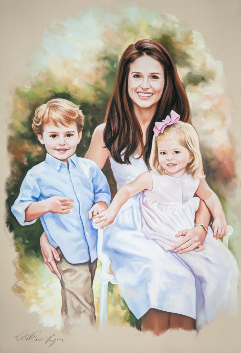 Family portrait commission of a mother with her son and daughter , Big size original pastel portrait painting , 29 x 43 Inches. image 1