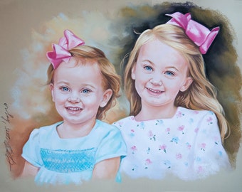 Double Pastel portrait, sisters portrait