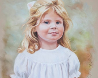 Pastel painting of a girl, commission portrait of a child, Head and shoulders portrait