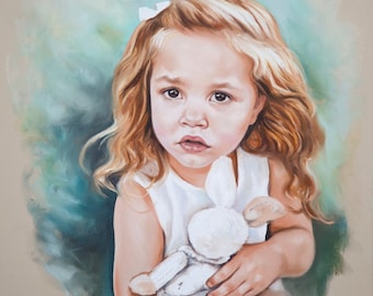 Pastel portrait painting of a little girl, Half body Pastel portrait with her knitted bunny