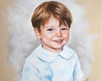 Handmade pastel portrait. Portrait painting of a boy. Children portraits, Pastel portraits
