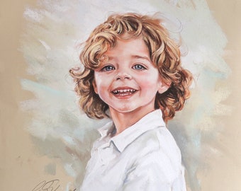 May include: A pastel drawing of a young child with curly blonde hair, wearing a white collared shirt and smiling.