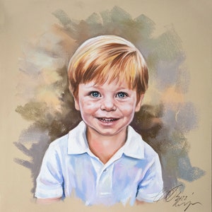 May include: A pastel portrait of a young boy with red hair, wearing a light blue collared shirt. He is smiling and looking directly at the viewer.