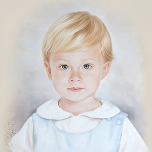 May include: A portrait painting of a young boy with blond hair and blue eyes. He is wearing a light blue collared shirt with a white collar.