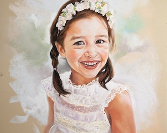 Custom pastel portrait from photography, Pastel portrait of a young girl