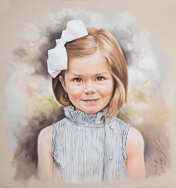 Commande de portrait au pastel dun enfant, peinture au pastel dune fille.  20x21 pouces -  France