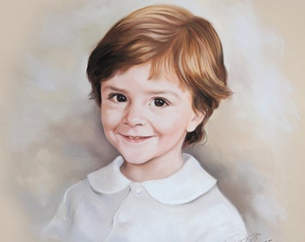 May include: A pastel portrait of a young boy with short, light brown hair. He is wearing a white collared shirt and has a warm smile.