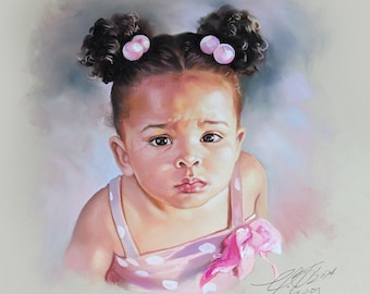 Soft Pastel Portrait Painting of a little girl in pink