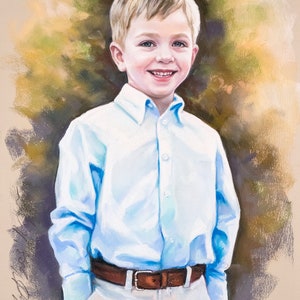 Handmade pastel portrait. Portrait painting of a young boy. A 3/4-figure Pastel portrait in 19x25 inches size. image 1