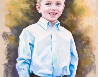 Handmade pastel portrait. Portrait painting of a young boy. A 3/4-figure Pastel portrait in 19x25 inches size.