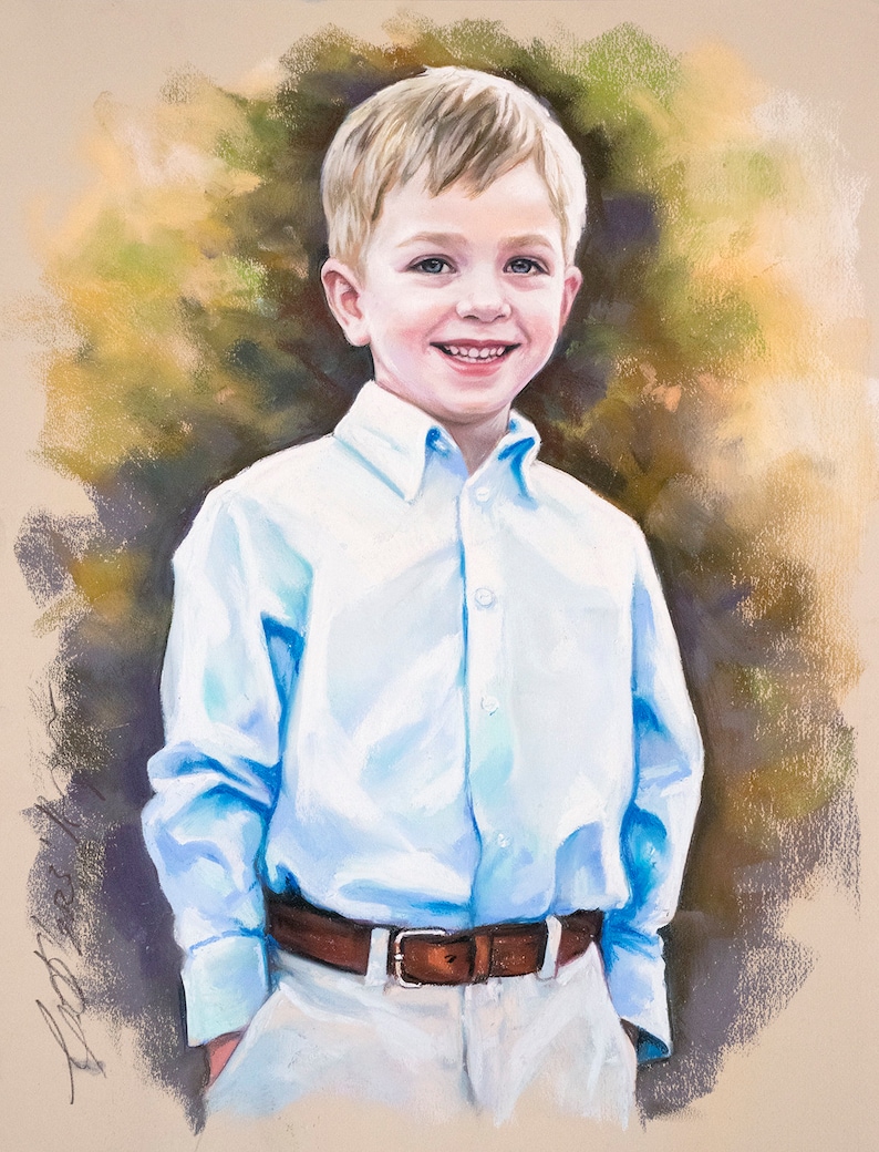 Handmade pastel portrait. Portrait painting of a young boy. A 3/4-figure Pastel portrait in 19x25 inches size. image 1