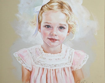 May include: A pastel portrait of a young girl with blonde hair wearing a pink dress with white lace trim. She has a white bow in her hair and is looking directly at the viewer.