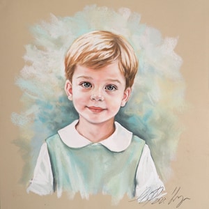 May include: A pastel portrait of a young boy with blond hair wearing a light green collared shirt and a white collar.